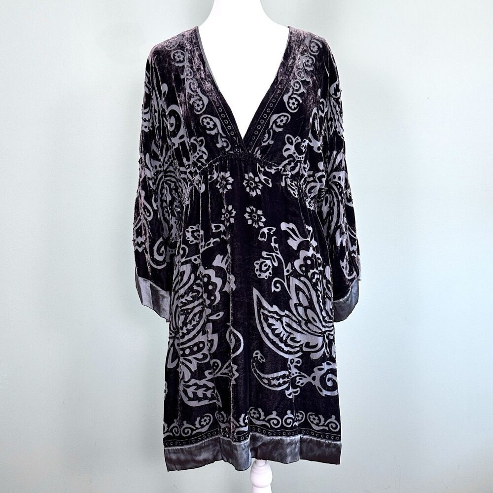 Hale Bob Beaded Velvet Whimsigoth Dress Womens Medium Black Silk Boho Y2K